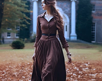 Anysize custom retro linen cotton maxi shirt dress collared with side pockets spring fall winter plus size dress plus size clothing F365N