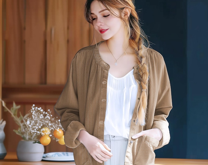 Anysize custom thick linen cotton long sleeves jacket with pockets spring fall plus size coat plus size clothing F581N