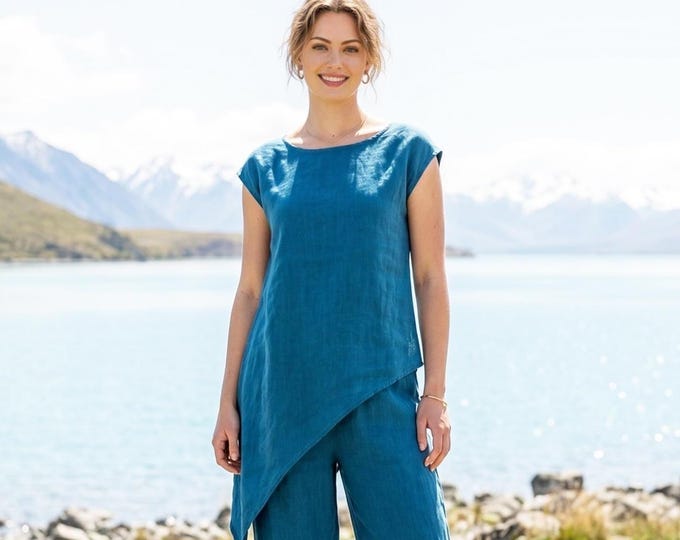 Anysize Custom 100% Linen Asymmetrical Hem Top Women Loose Fit Cap Sleeves Linen Blouse Minimalist Summer Top Lightweight Linen Shirt F53WL