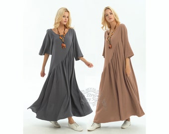 Anysize soft linen cotton maxi dress asymmetric sleeves with pleated side pockets spring summer fall plus size dress plus size clothing Y351