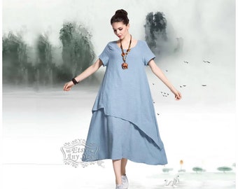 Anysize SALE short sleeves retro soft linen cotton spring summer dress plus size dress plus size clothing Y112