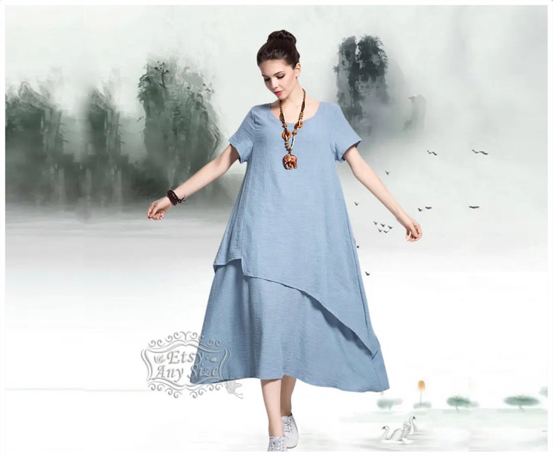 Anysize short sleeves retro soft linen cotton spring summer dress plus size dress plus size clothing Y112 