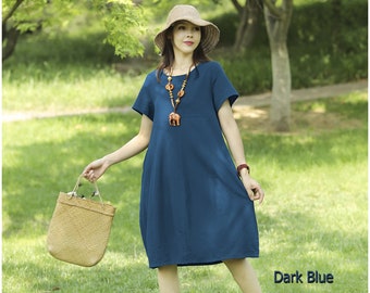 Anysize 100% linen A-line loose dress with side pockets short sleeves simple and stylish style plus size dress plus size clothing F348L