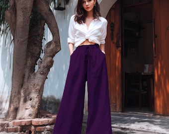 Anysize custom 100% linen wide leg pants floor length with pockets high elastic waist spring summer plus size pants plus size clothing F51YL