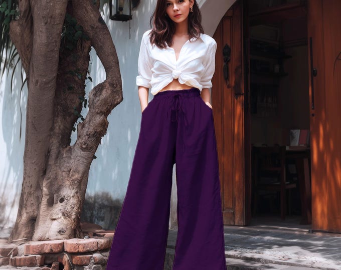 Anysize custom 100% linen wide leg pants floor length with pockets high elastic waist spring summer plus size pants plus size clothing F51YL