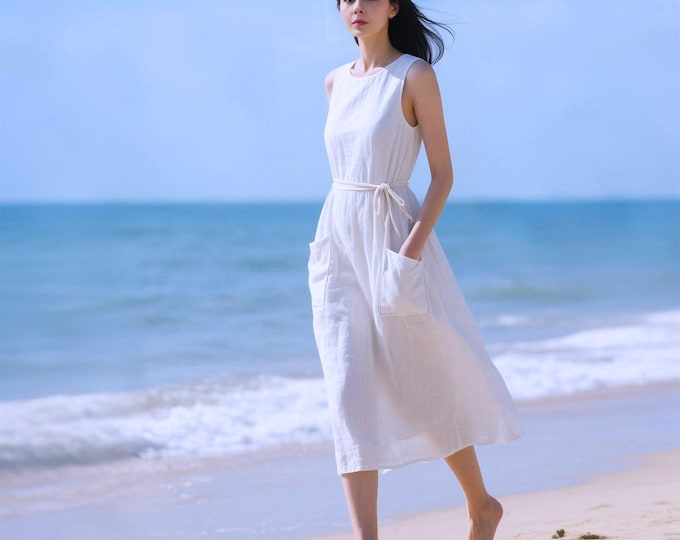 Anysize custom 100% linen sleeveless round neck dress with front pockets spring summer plus size dress plus size clothing F83RL