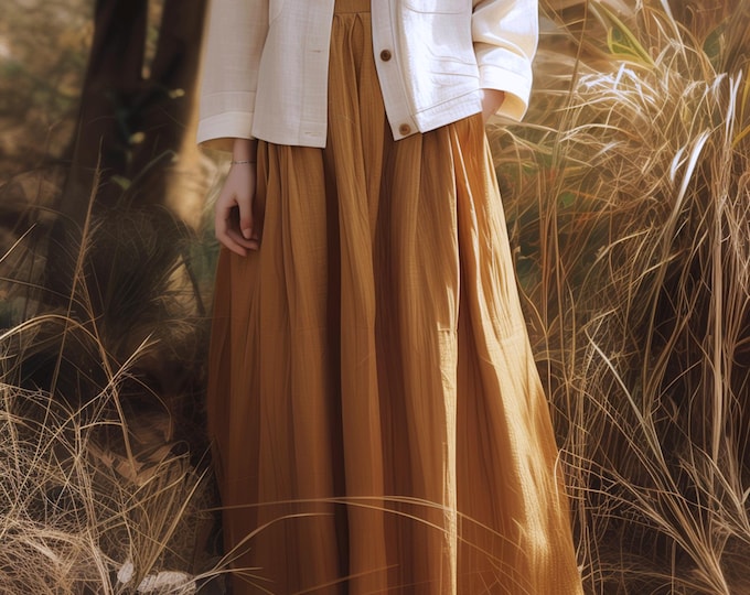 Anysize custom maxi skirt with back elastic waist plus size linen cotton skirt with side pockets spring fall retro plus size clothing F583N