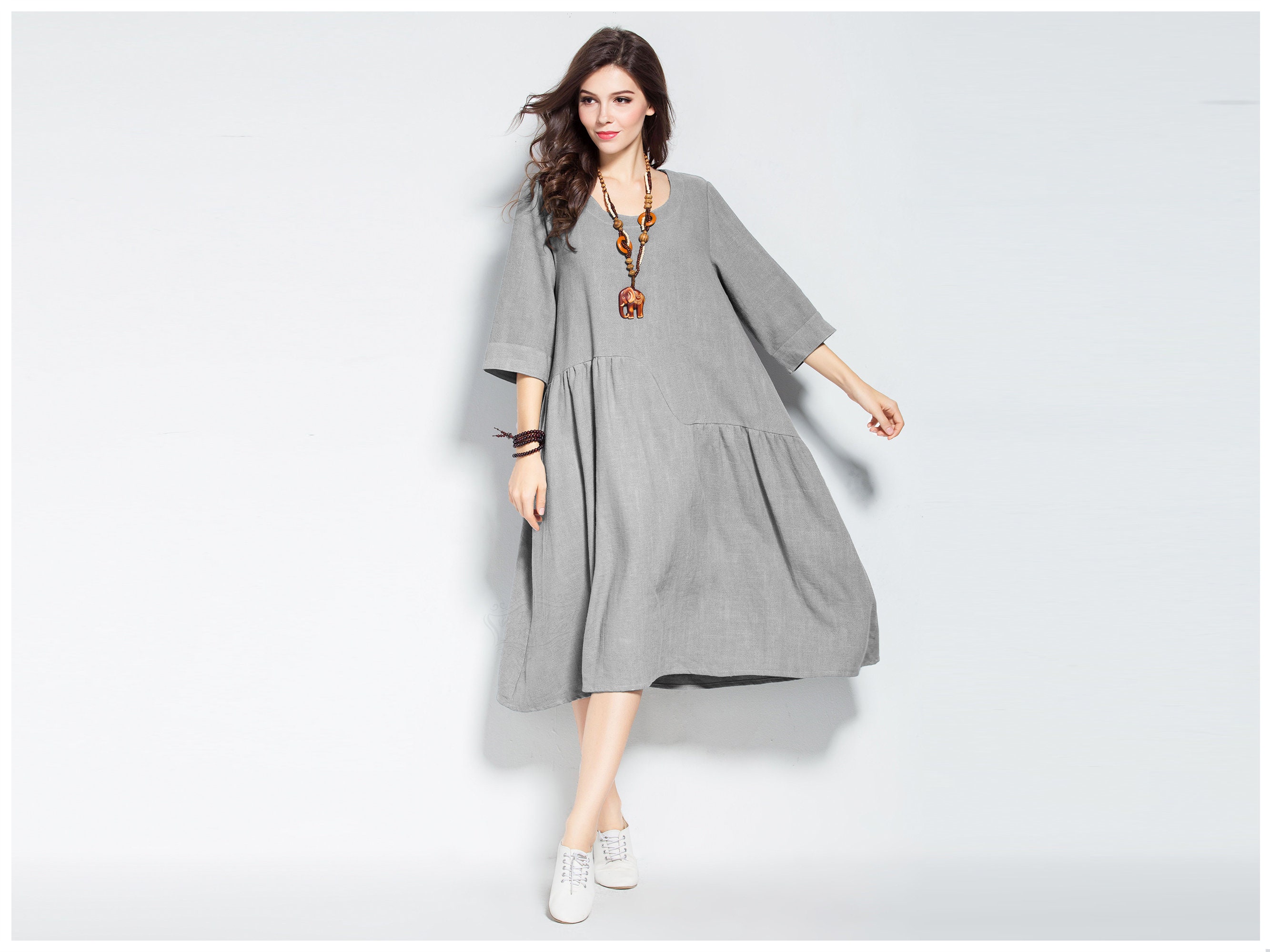 Anysize 3/4 Sleeves A-line Linen Dress Cotton Dress Spring - Etsy