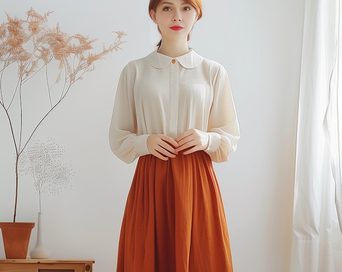 Anysize custom soft linen cotton collared shirt tops long sleeves retro spring fall casual blouse plus size tops plus size clothing F590E