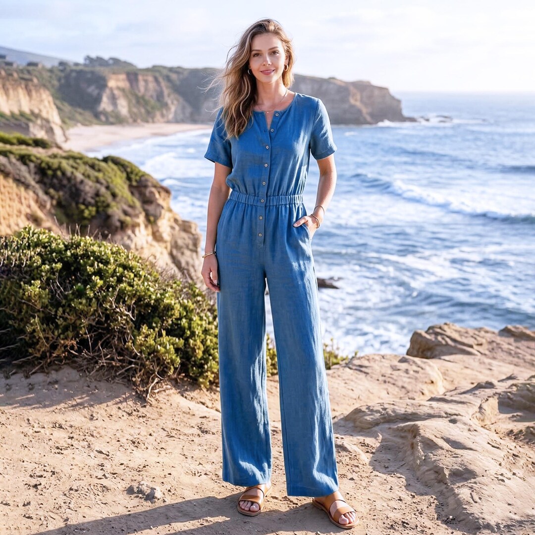 Anysize Custom 100% Linen Jumpsuit Women Wide Leg Jumpsuit Button Front ...