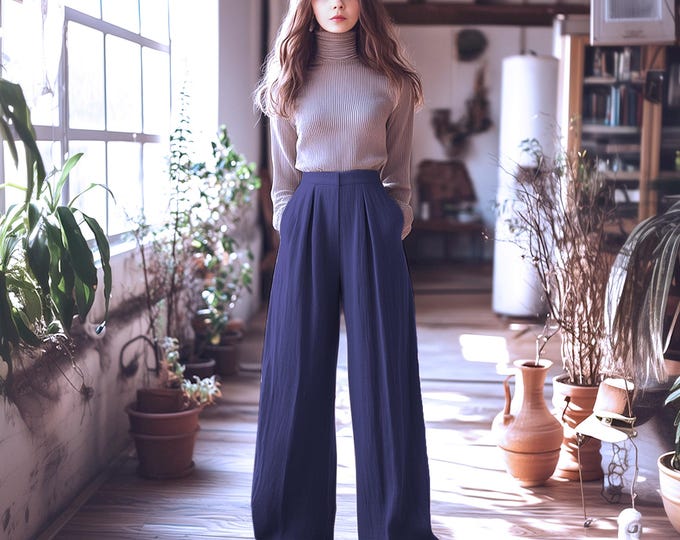 Anysize custom soft linen cotton wide leg pants with side pockets elastic waist spring fall plus size trousers loose pants F906E