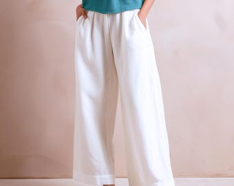 Anysize custom 100% linen elastic waist pants with side pockets wide leg loose pants spring summer plus size pants plus size clothing F60DL