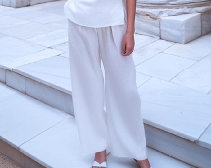 Anysize custom 100% linen elastic waist pants with side pockets wide leg loose pants spring summer plus size pants plus size clothing F27YL