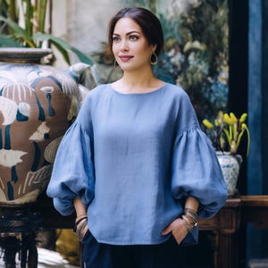 Anysize custom 100% linen tops big puff sleeves tops spring summer loose shirt plus size tops plus size clothing F47RL