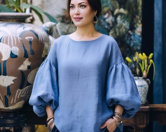 Anysize custom 100% linen tops big puff sleeves tops spring summer loose shirt plus size tops plus size clothing F47RL