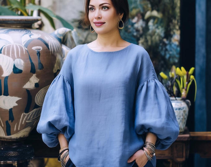 Anysize custom 100% linen tops big puff sleeves tops spring summer loose shirt plus size tops plus size clothing F47RL
