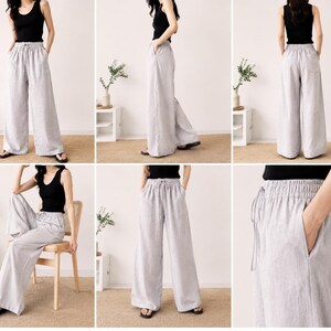Pu&ograve; includere: Pantaloni palazzo in lino grigio chiaro con vita con coulisse e tasche. I pantaloni a gamba larga sono mostrati in pi&ugrave; viste, abbinati a una canotta nera. I pantaloni sono realizzati in tessuto leggero.