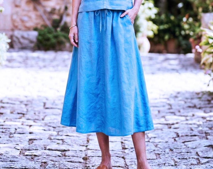 Anysize Custom 100% Linen Midi Skirt for Women Elastic Waist Drawstring Skirt High Waist A Line Linen Skirt Summer Clothing F85UL