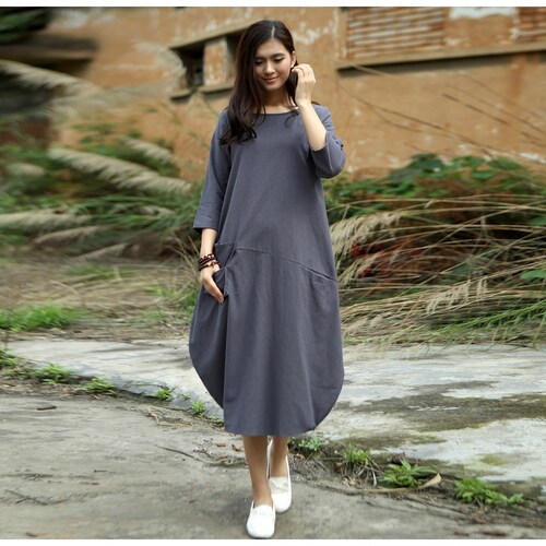 Anysize 3/4 Sleeves Soft Linen Cotton Lantern Loose Midi Dress - Etsy