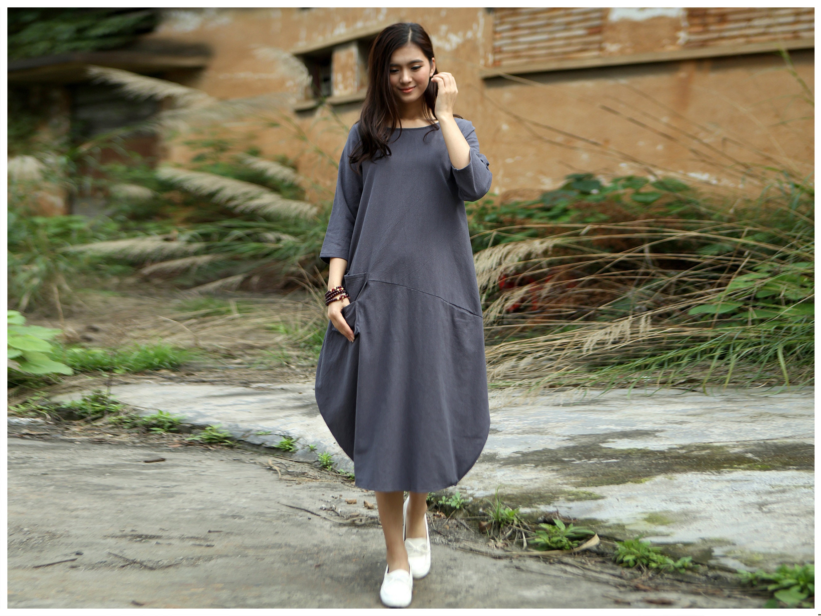 Anysize 3/4 Sleeves Soft Linen Cotton Lantern Loose Midi Dress - Etsy