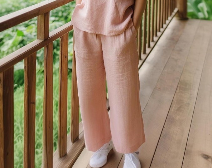 Anysize custom 100% linen pants elastic waist trousers with side pockets casual loose spring summer plus size pants plus size clothing F65JL