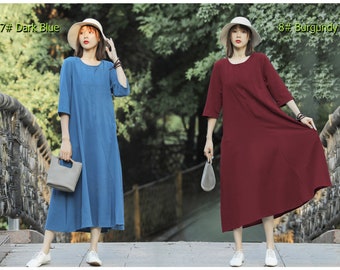 Anysize 3/4 sleeves with accordion design soft linen cotton woman spring summer fall maxi dress plus size dress plus size clothing T261A