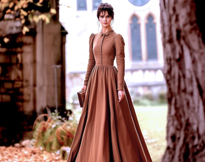 Anysize custom linen cotton dress back tied with side pockets retro floor length spring fall winter plus size dress plus size clothing F871N