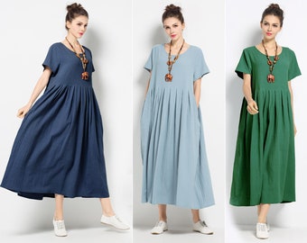 Anysize SALE spring summer pleated dress soft linen cotton loose dress with side pockets plus size dress maxi fall dress clothing F122A