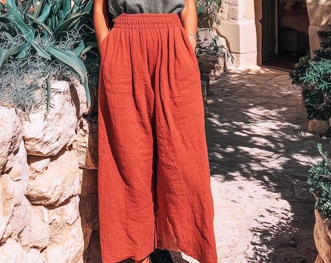 Anysize custom 100% linen wide leg pants elastic waist with pockets casual loose spring summer plus size pants plus size clothing F28RL