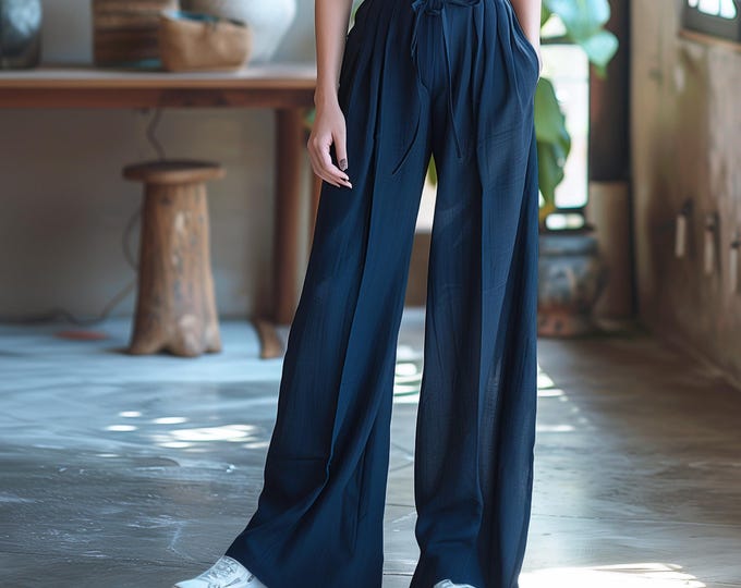 Anysize custom linen cotton spring fall wide legs pants with elastic waist drawstring long trousers plus size pants plus size clothing F599N