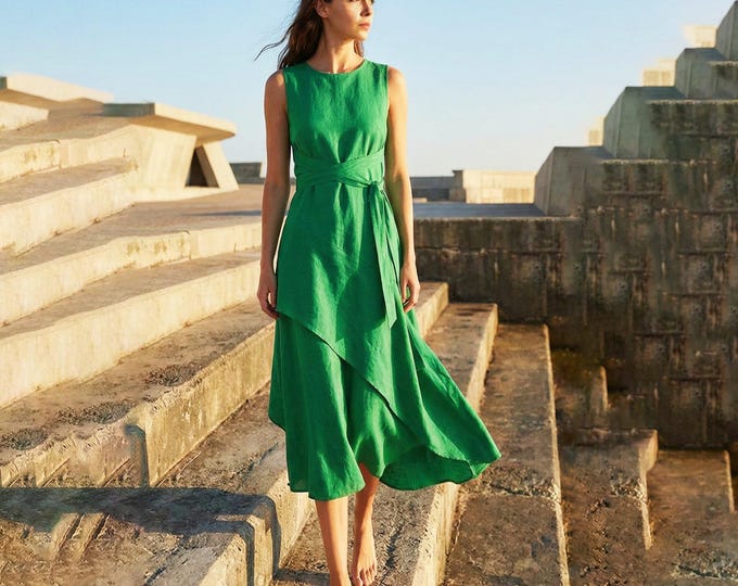 Anysize Custom 100% Linen Sleeveless Dress Wrap Style Waist Dress Layered Asymmetrical Minimalist Women’s Dress Plus Size Dress F16UL