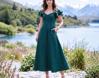 Anysize Custom 100% Linen Dress Flutter Sleeve Square Neck A-Line Dress Fitted Waist Summer Elegant Cottagecore Dress with Pockets F44WL