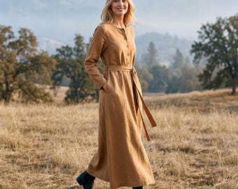 Anysize Custom Linen Cotton Maxi Dress Buttoned Long Sleeve Dress With Pockets A Line Belted Fall Winter Plus Size Dress F76HN