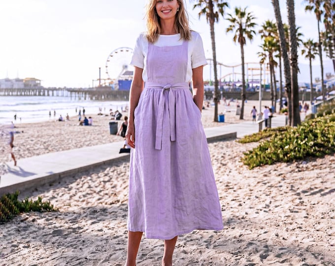 Anysize Custom 100% Linen Pinafore Dress Women Cross Back Tie Waist Midi Apron Dress Summer Sleeveless Dress with Pockets Plus Size F60VL