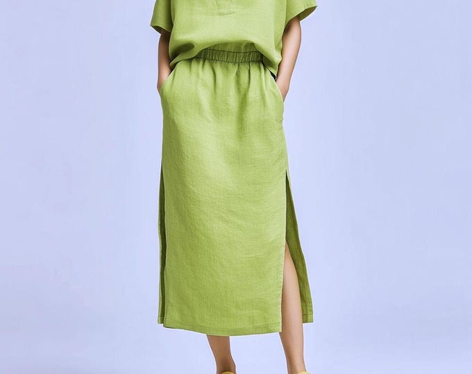 Anysize custom 100% linen skirt side split elastic waist skirt with pockets spring summer plus size skirt plus size clothing F22RL
