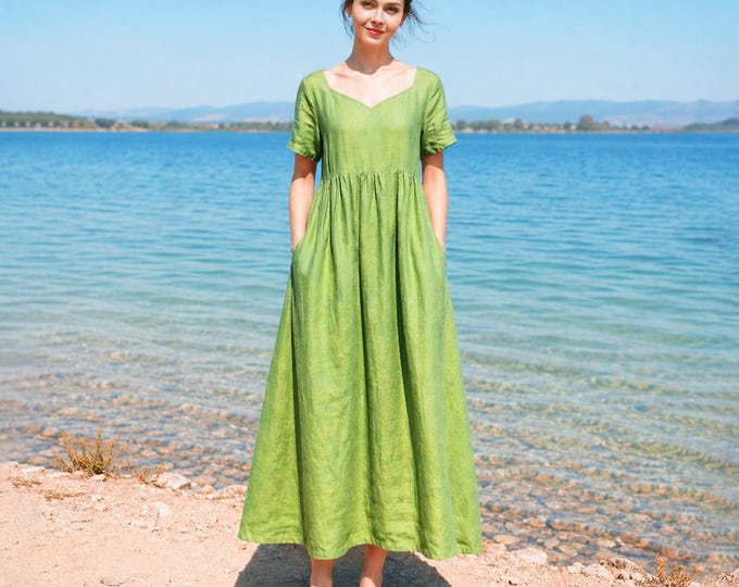 Anysize Custom 100% Linen Maxi Dress V Neck Loose Fit Dress Gathered Waist Linen Summer Casual A-Line Dress with Pockets F10WL