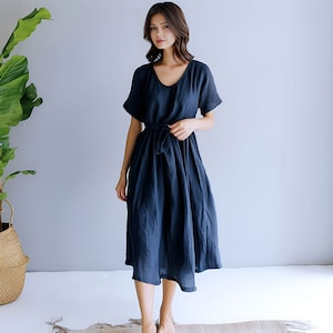 Anysize custom 100% linen midi dress with side pockets short sleeves belted plus size dress plus size clothing F468L