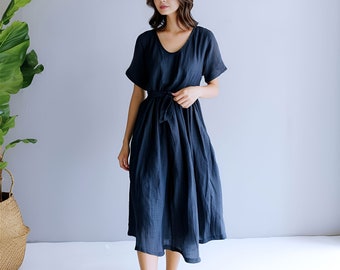 Anysize custom 100% linen midi dress with side pockets short sleeves belted plus size dress plus size clothing F468L