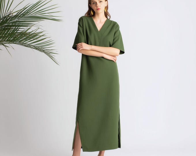 Anysize custom soft linen cotton maxi dress side split v neck with pockets spring summer fall plus size dress plus size clothing F29RE