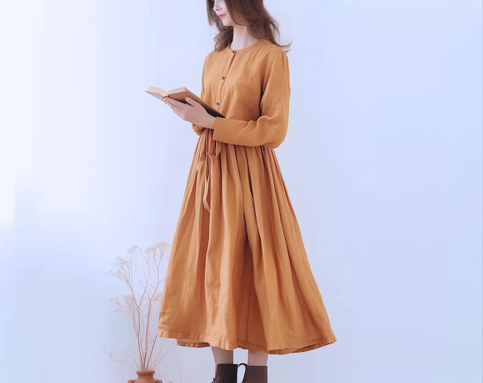 Anysize custom long sleeves belted linen cotton plus size dress functional buttons with pockets spring fall retro plus size clothing F556N