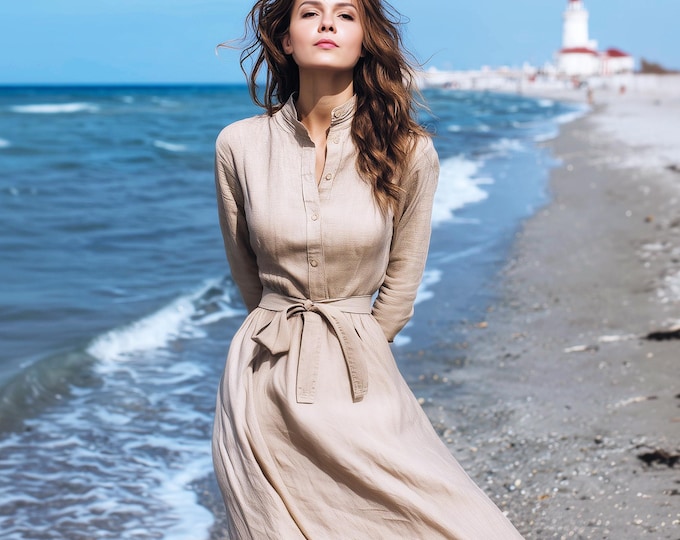 Anysize custom belted soft linen cotton plus size dress with functional buttons side pockets spring fall plus size clothing F96PE