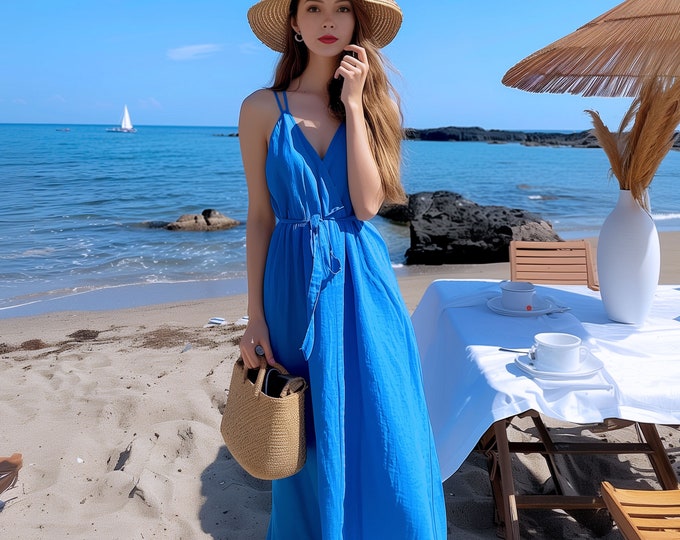 Anysize custom 100% linen V-neck sleeveless dress maxi belted dress with pockets summer plus size holiday dress plus size clothing F444L