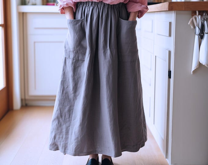 Anysize custom 100% linen maxi skirt with patch pockets spring summer elastic waist plus size skirt plus size clothing F97RL