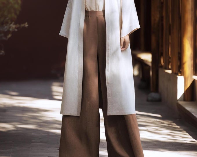Anysize woman linen cotton spring fall back elastic waist pants side pockets wide leg pants plus size pants plus size clothing F2PE