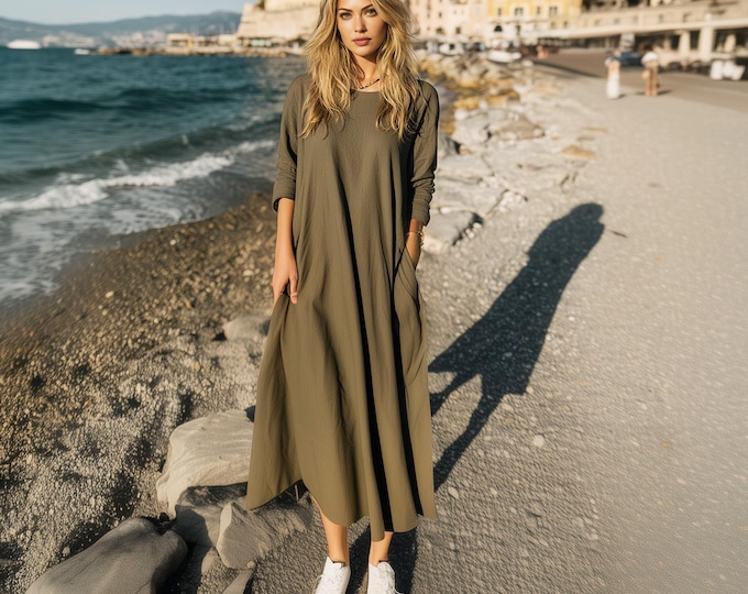 Anysize custom long sleeves linen cotton A-line dress with side pockets spring fall winter robe plus size dress plus size clothing F99PN