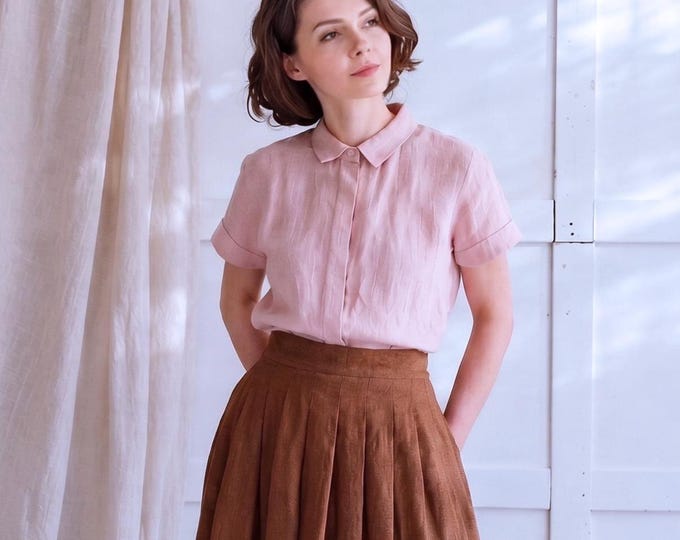 Anysize custom 100% linen shirt hidden placket short sleeves loose blouse summer plus size tops plus size clothing F416L