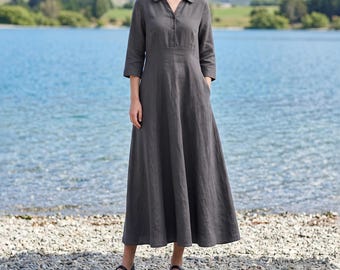 Anysize Custom Collared Linen Cotton Maxi Dress Button Front A Line Dress 3/4 Sleeve Fall Winter Plus Size Dress With Pockets F29FN