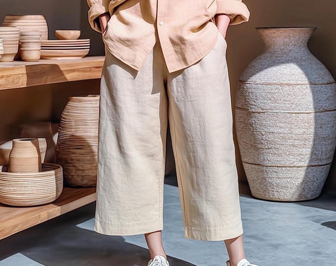 Anysize custom 100% linen cropped elastic waist pants with side pockets spring summer plus size pants plus size clothing F61RL