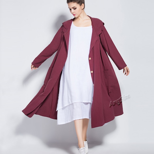 Anysize capuchon vouw textuur linnen jas linnen katoen lente herfst winterjas plus size kleding plus size jurk F38TN