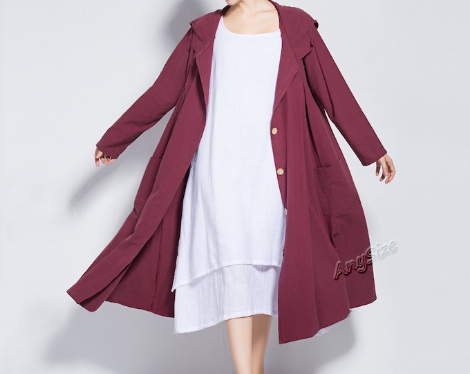 Anysize  hooded fold texture linen coat linen cotton spring fall winter coat plus size clothing plus size dress Y79N